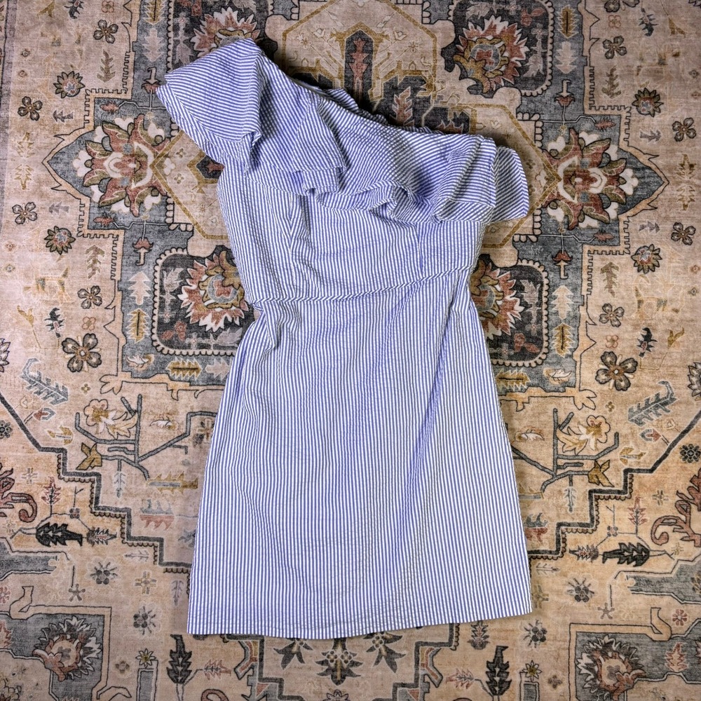 J.Crew White Seersucker One Shoulder Ruffle Dress Size 10 Coastal Blue Stripe